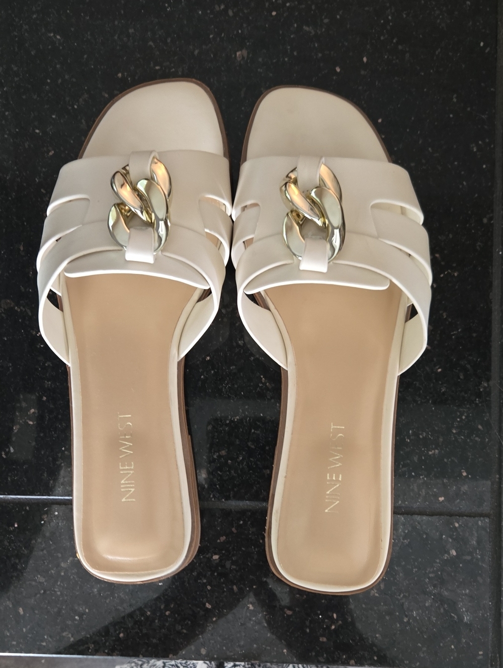 Nine West Cream Slide Sandals with Gold Chain